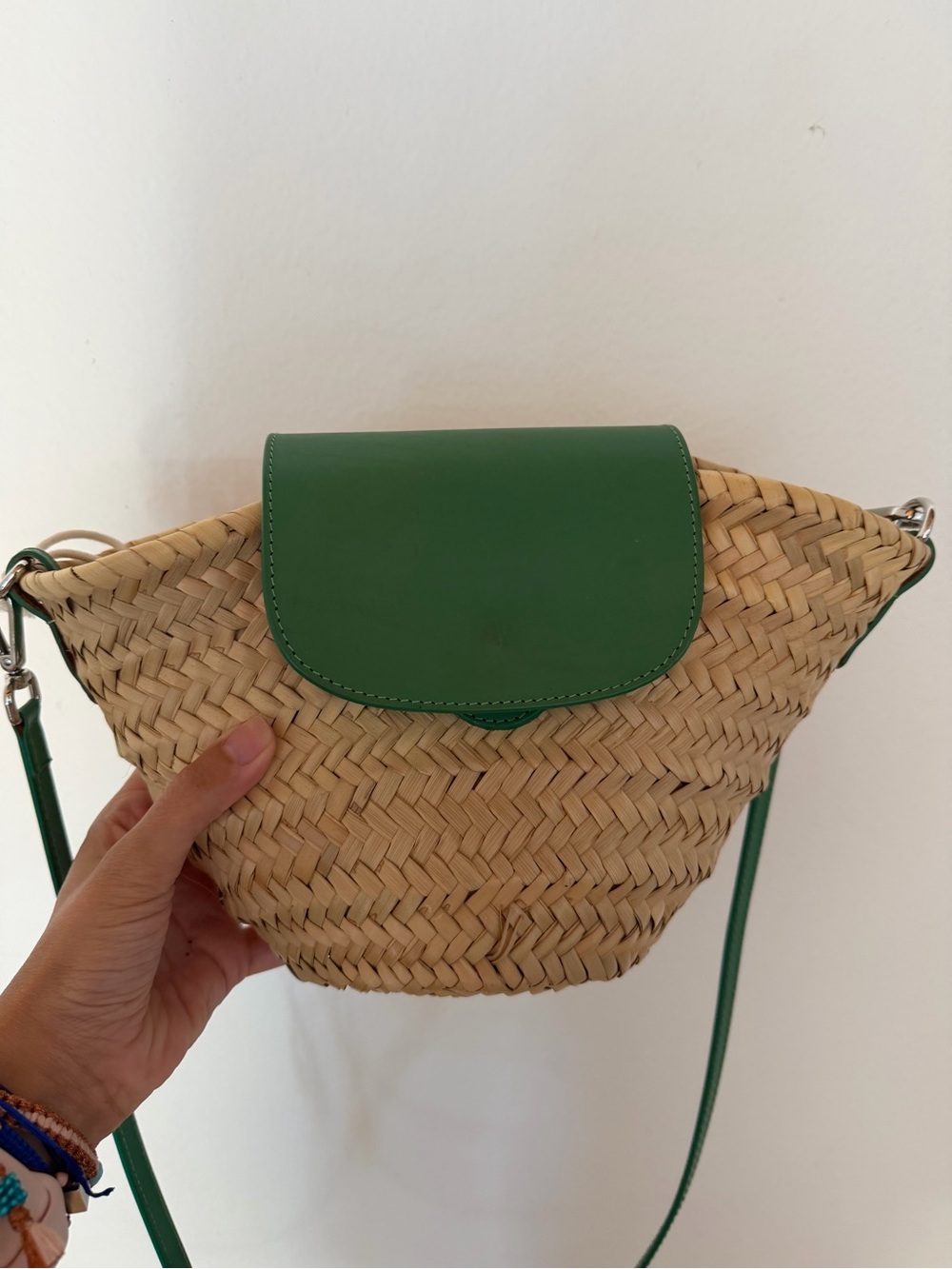 Mango Straw Crossbody Bag with Green Leather Flap